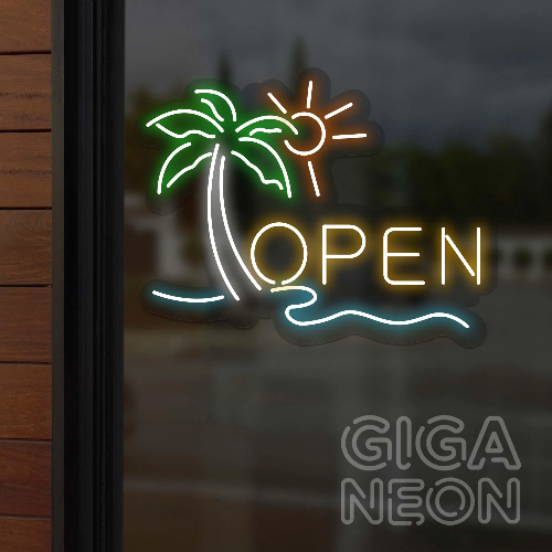 OPEN SIGN - OPEN LIGHT WITH BEACH AND PALM TREE
