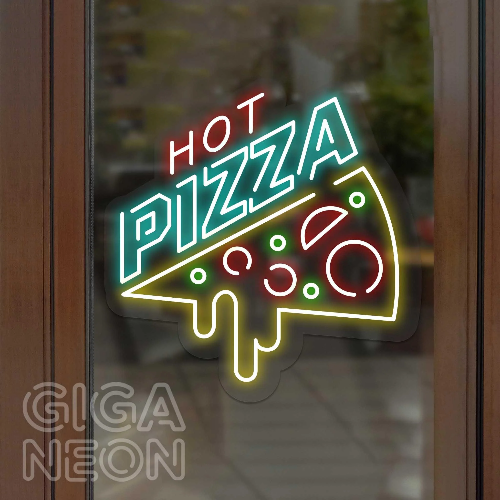 Food-Hot Pizza with Text Neon Sign